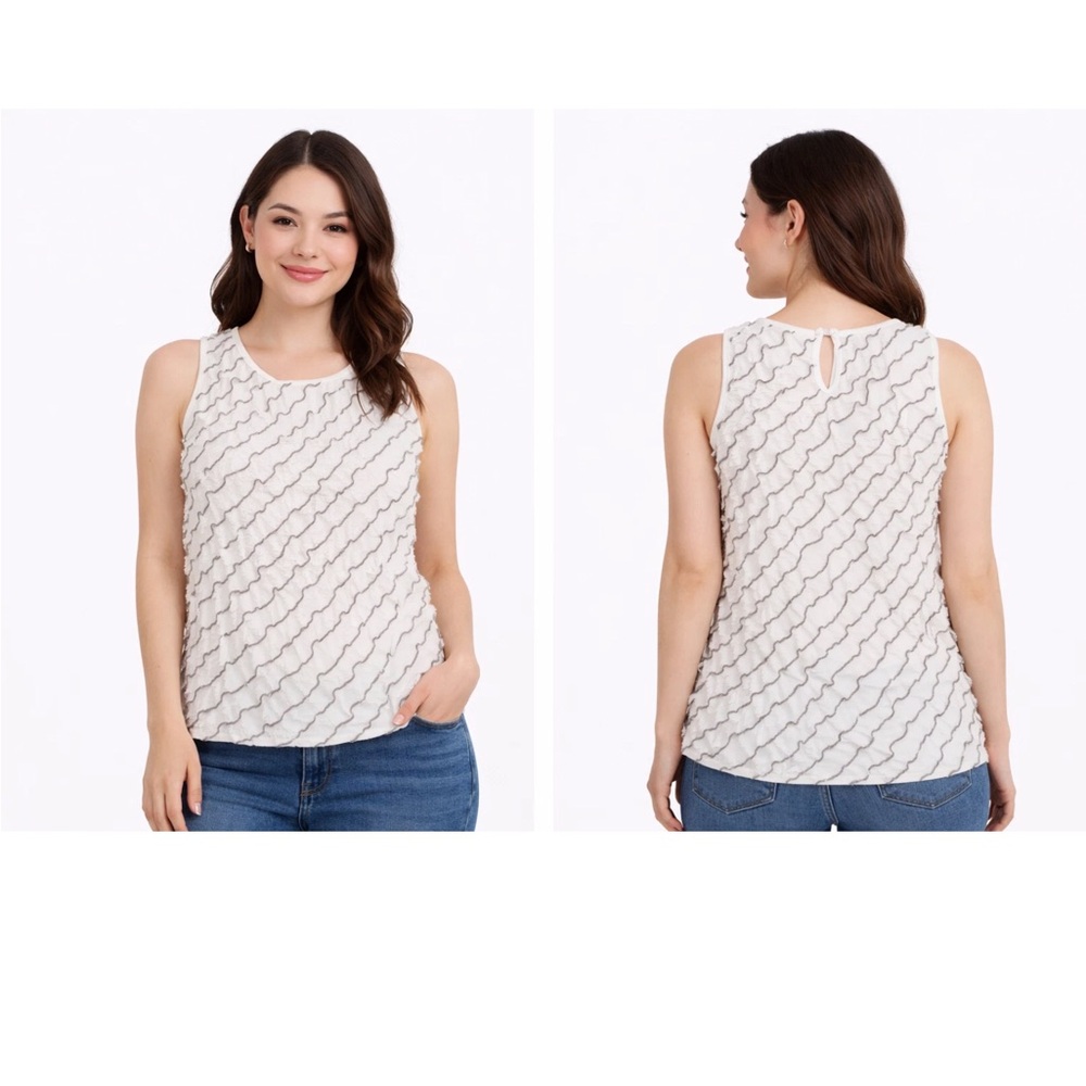 Women’s Top Cream diagonal semi-sheer ruffles black trim Sleeveless Whimsigoth